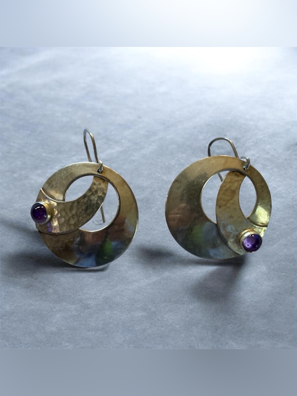Vintage Artisan Hammered Sterling Silver Amethyst Earrings